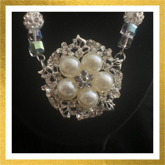Upcycled HAND CRAFTED Rhinestone Polymer Bead PEARL Pendant STATEMENT NECKLACE - Picture 2 of 2